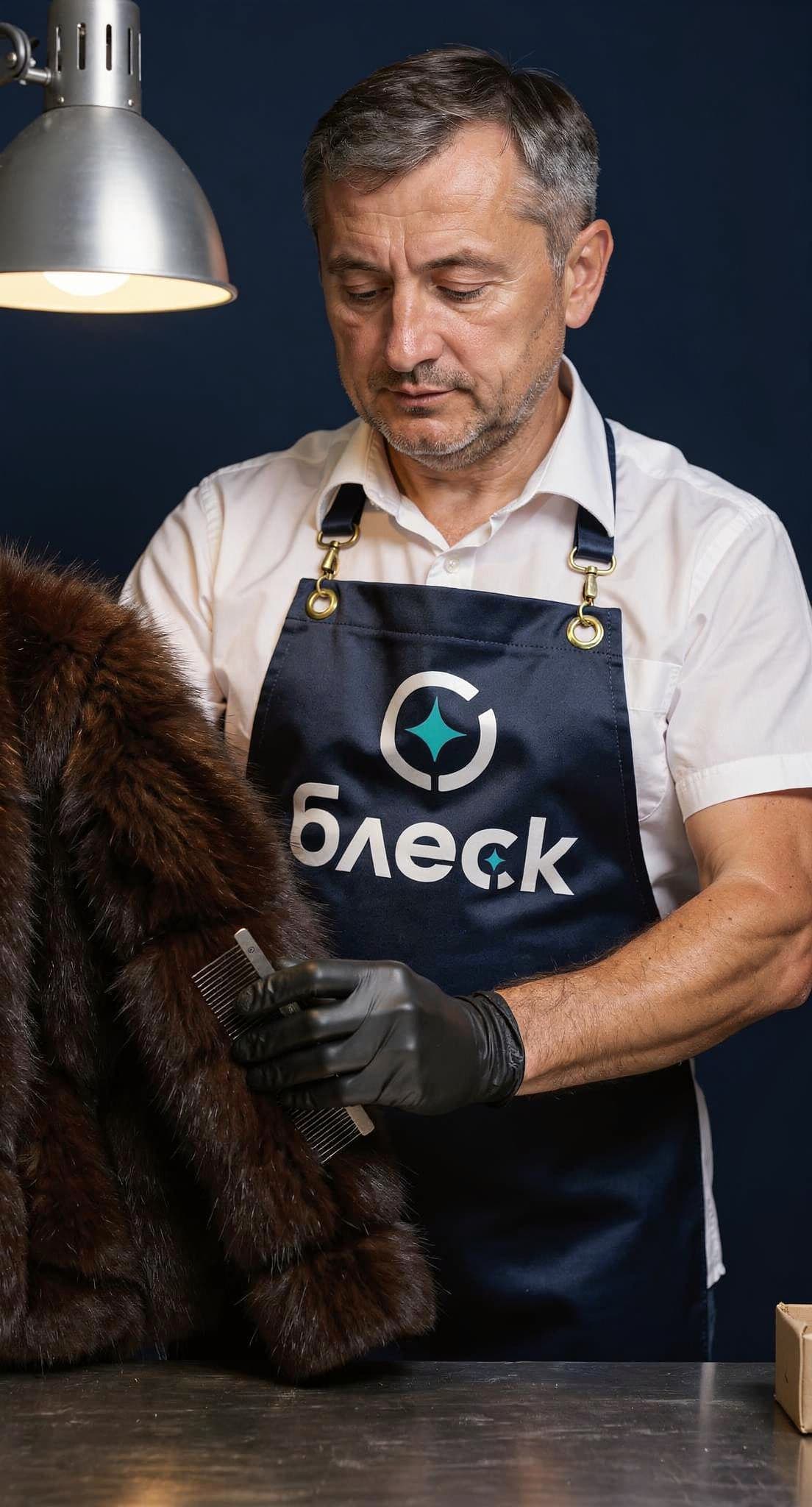 Специалист «Блеска» расчёсывает мех шубы под рабочей лампой